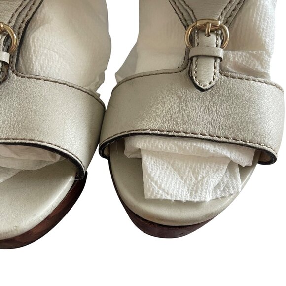 Gucci Vintage Womens Size 37.5 Tan T-bar Strap Gold Logo Peep Toe Platform Mule - Picture 16 of 16